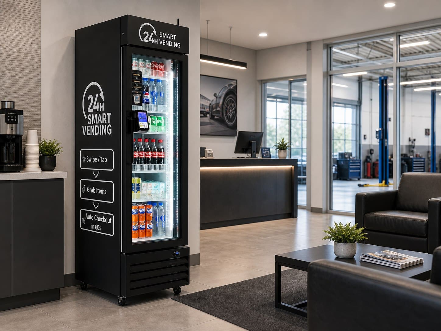 Smart vending machine in an auto service waiting area