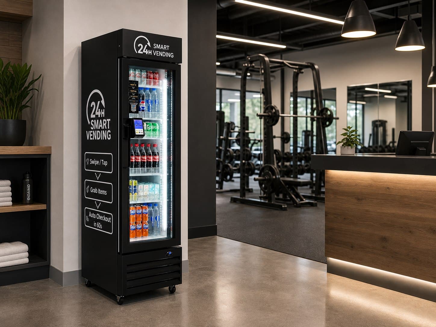 Smart vending machine in a fitness studio lobby
