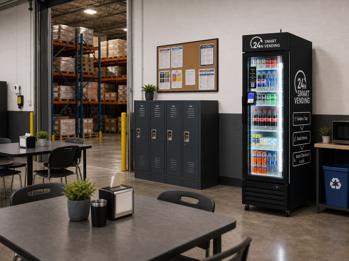 Smart vending machine in a warehouse employee break area