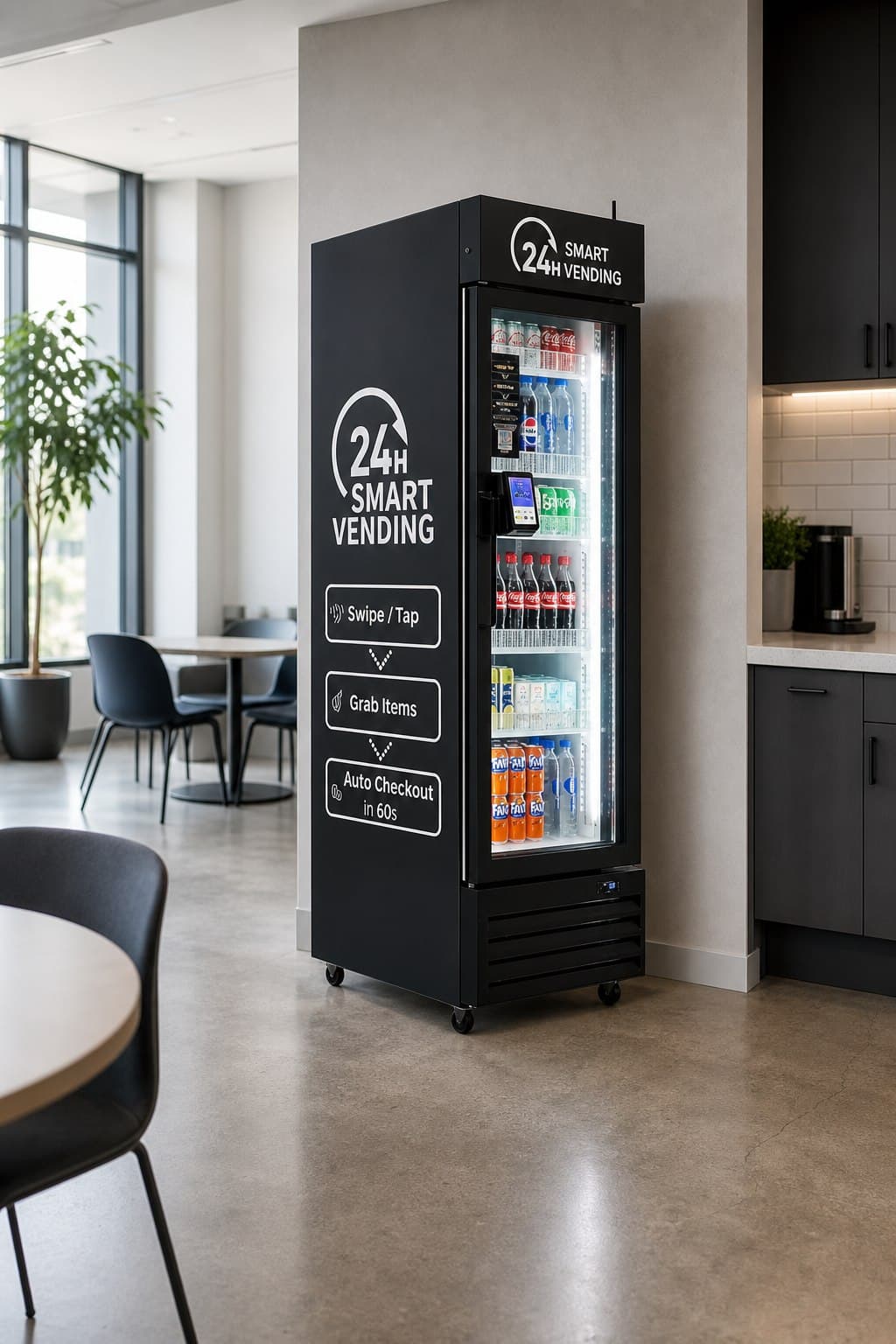 Smart refrigerated vending machine similar to the machine BluePeak places